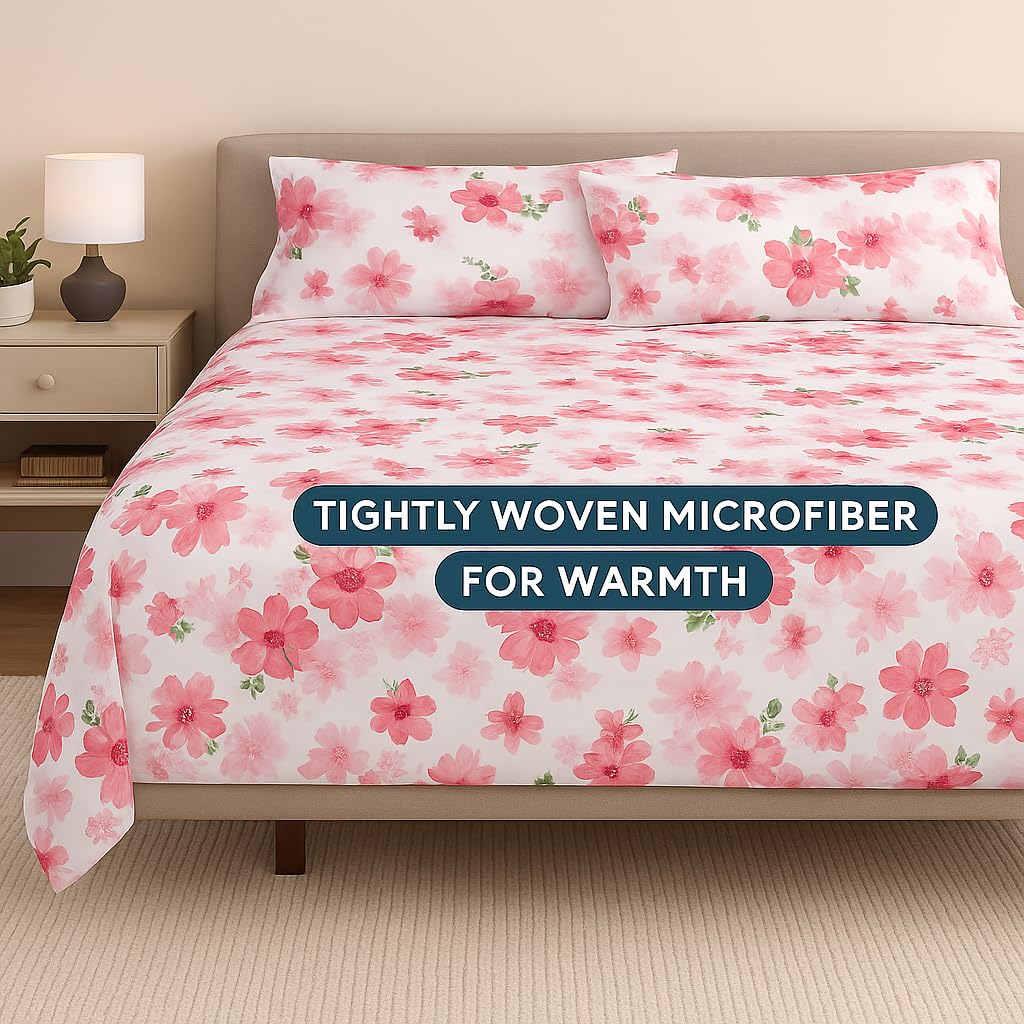 Double Bed Floral Printed Microfiber Bedsheet Set Includes 2 Pillow Covers - Size 102 X 108 Inches, White & Pink | 186 Thread Count - Ideal For Home Daily Use & Gifting