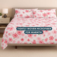 King Bed Bedsheet With Pillow Cover Ultra Soft & Durable - 102x108 Inches, White | Microfiber Printed Pink Floral Bedsheet For Double Bed