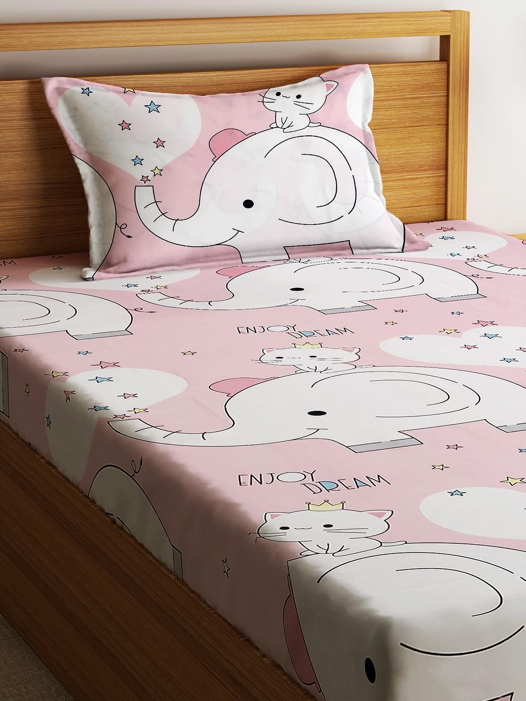 Single Bedsheet With One Matching Pillow Cover - 55 X 90 Inches, Baby Pink | Microfiber Kids Elephant & Kitty Bedsheet | Normal Hand Wash Or Machine Wash