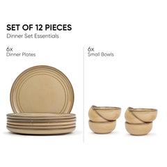 Ceramic Dinner Set Of 12 Pcs, Beige Reactive | Crockery Set For Dining Table - Dining Sets Crockery Items | Glossy Finish Premium Stoneware Dinner Set | 6 Dinner Plates+ 6 Veg Bowls, 180ml Each