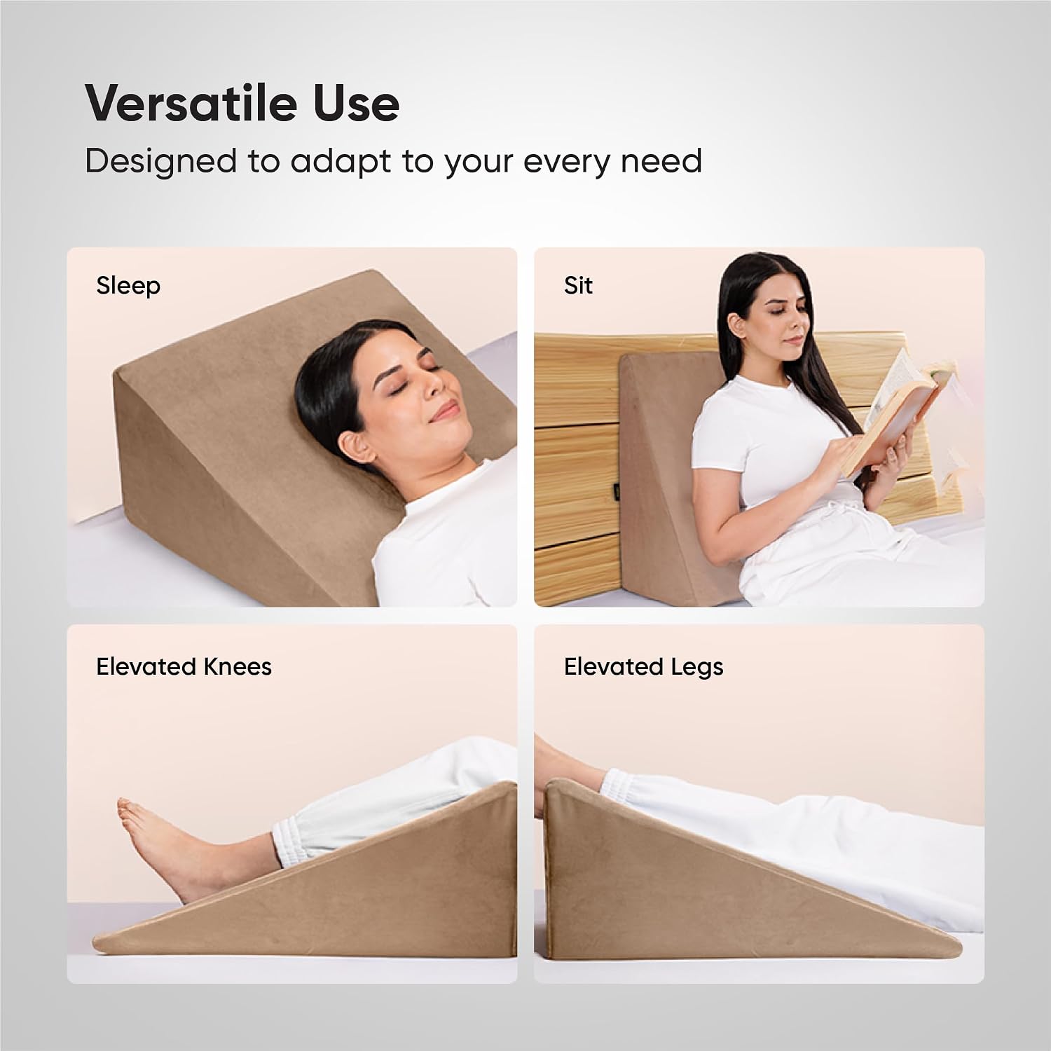 Wedge Plus Cushion For Sleeping, Memory Foam Pillow, Light Caramel | Acid Reflux Relief, High Resilience Foam | Orthopedic Wedge Cushion For Leg Elevator, Pregnancy, Breathable - Pack Of 1