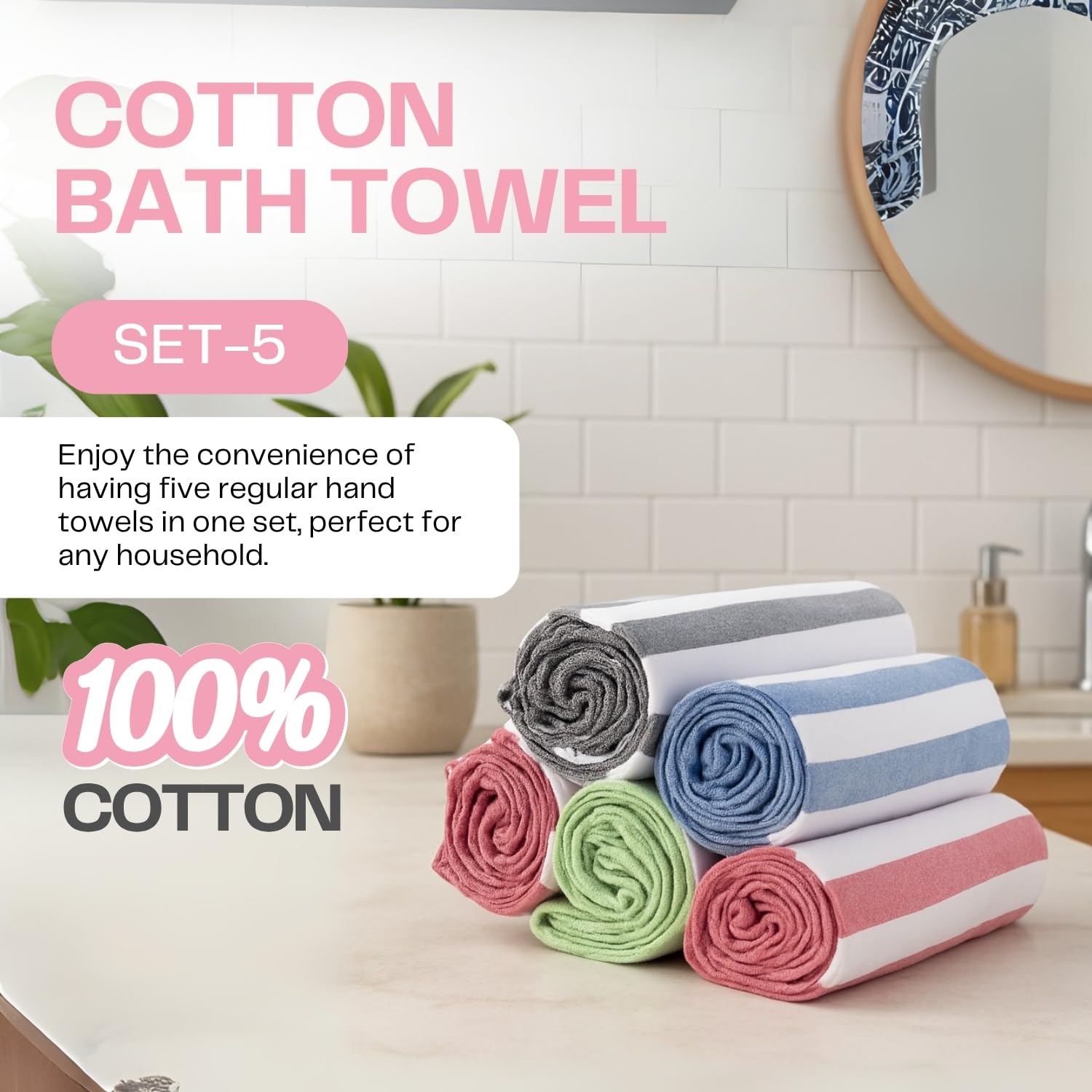 VäRde Premium Handloom Bath Towels 180 Gsm | Towel For Men & Women | Striped & Solid Pattern (Black, Blue, Red, Green & Pink, Set Of 5)