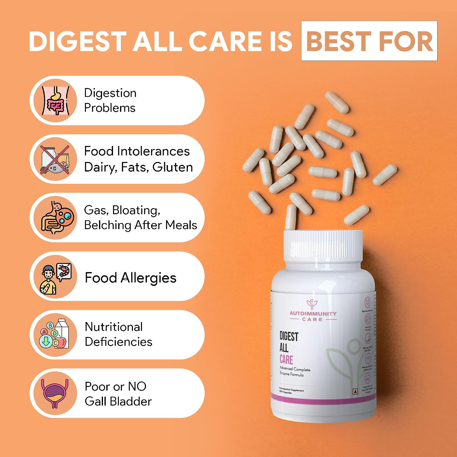 Autoimmunity Care Digest All Care Advanced All - In -1 Digestive Enzymes For Digestion Support Prevents Indigestion, Bloating, Gas & Stomach Discomfort | 30 Capsules, 50gm 0.1lbs
