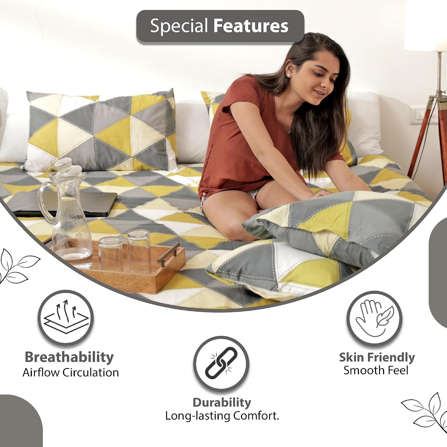 Bedsheet For Single Size Bed With 1 Pillow Cover - 57 X 87 Inches, Grey & Yellow | Gifts For Wedding Or Anniversary, Surprise, Soft, Breathable, & Comfortable Bedsheet