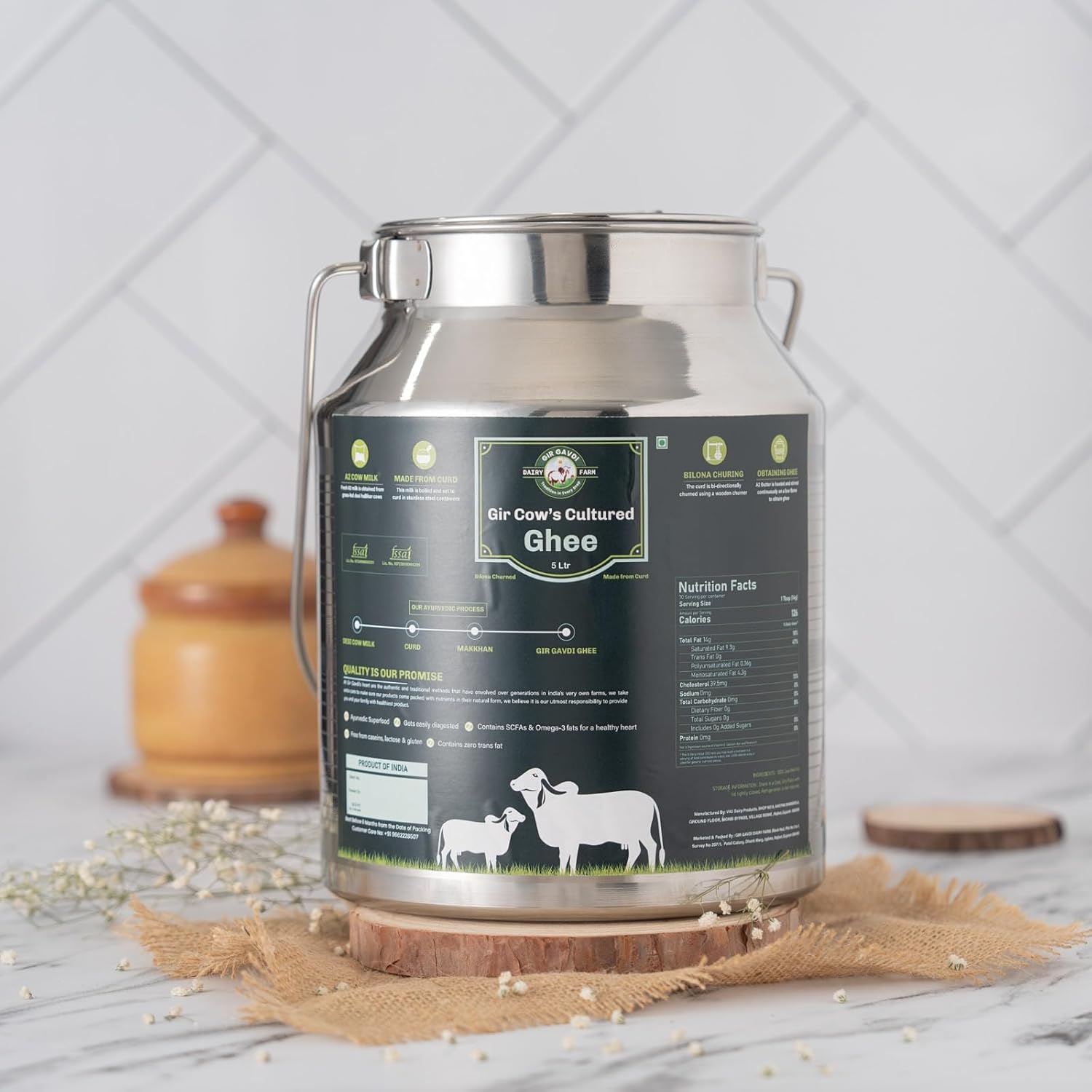 Premium Gir Cow Cultured Ghee By Girgavdi | Good Source Of Protein Fiber Healthy Pure Daanedaar Desi Ghee Perfect For Cooking | (5 Litr) 169.0 Ounce | Steel Jar