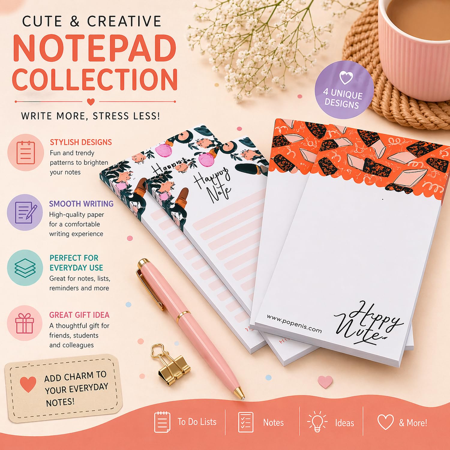 To Do List And Planner, Writing Notepad For Gift, Diary For Appointments | Set Of 4, 100 Pages