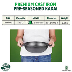 Pre-Seasoned Cast Iron Kadai With Flat Handles - Medium, 25.4 Cm, 10 Inch, 2.3 Liters, 2.5 Kg | Naturally Nonstick Kadhai, 100% Pure & Toxin-Free, No Chemical Coating