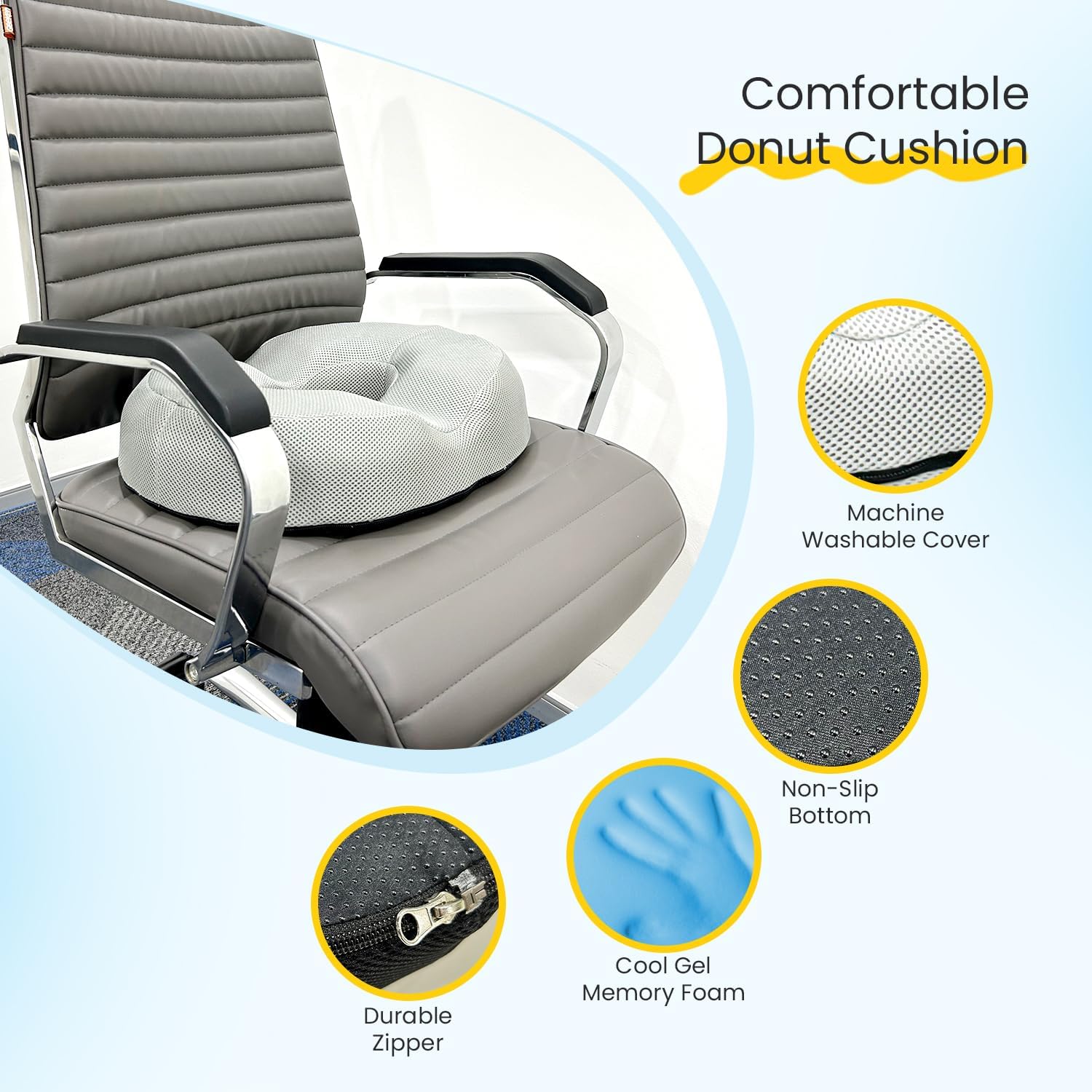 Donut Pillow For Tailbone Pain, Gel Memory Foam Pillow, Coccyx Seat Cushion, Grey | Coccyx Seat Cushion For Chair - Hemorrhoid & Piles Pillow, Car Seat, For Head, Back, Neck Use