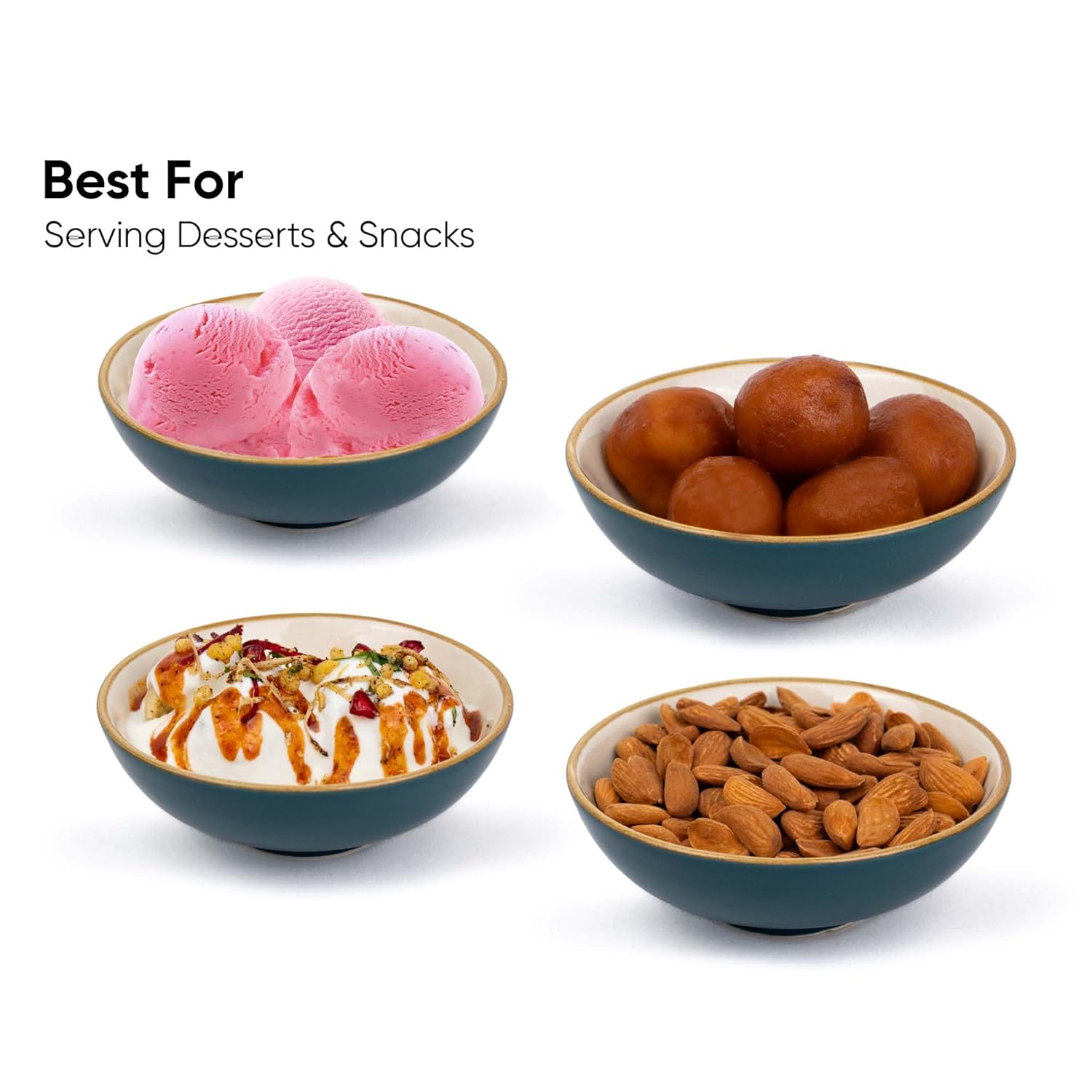 Ceramic Bowl Set Of 4 Pieces For Snacks - 13cm, Teal Ivory | Dessert Bowl With Glossy Finish - Premium Stoneware | Microwave Safe Halwa Plates