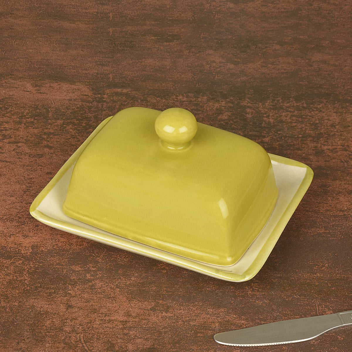 Glazed Ceramic Butter Dish With Lid - Lime Green, Height: 8 Cm | Butter Serving Set - Butter Container For 500 Gm