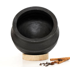 Deep Burned Uncoated Clay Rice Pot Or Mitti Handi With 2 Wooden Spatulas Complimentary For Cooking & Serving - Black, 1 Liter | Pre-Seasoned Mud Pot - Unglazed, Double Fired, Hand Crafted