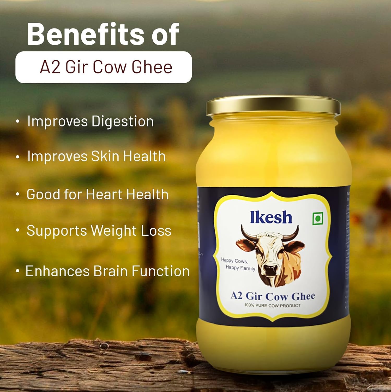 Organic A2 Gir Cow Desi Ghee By Ikesh | High In Protein Fiber Healthy Desi Ghee Perfect For Cooking | (250ml) 8.4 Ounce | Jar Pack