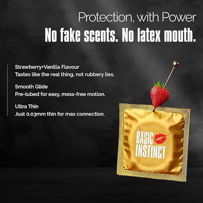 Basic Instinct Climax Delay Ultra Thin Latex Condoms For Men Strawberry And Vanilla 3 Pcs Pack Of 5