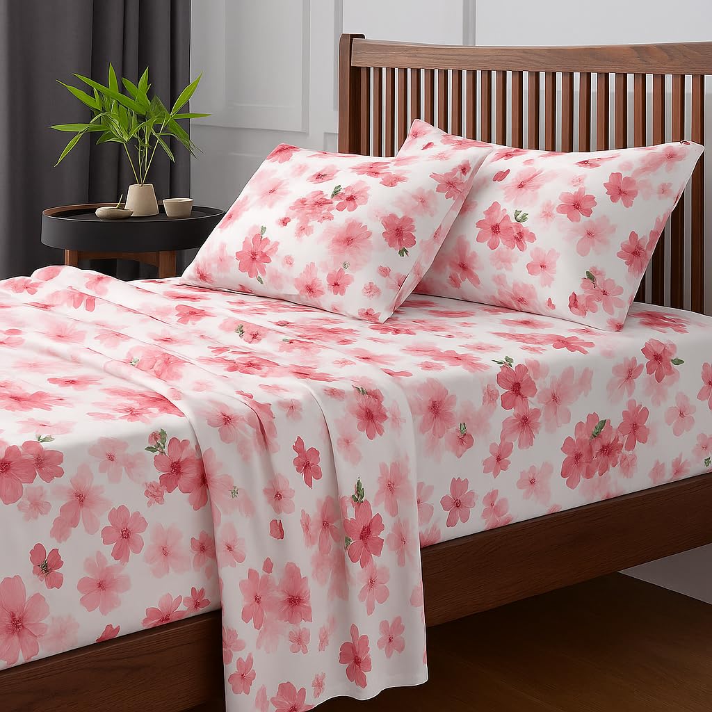 Double Bed Floral Printed Microfiber Bedsheet Set Includes 2 Pillow Covers - Size 102 X 108 Inches, White & Pink | 186 Thread Count - Ideal For Home Daily Use & Gifting