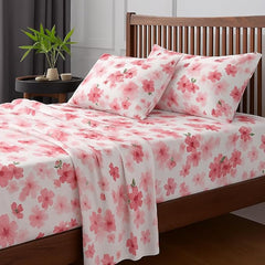 King Bed Bedsheet With Pillow Cover Ultra Soft & Durable - 102x108 Inches, White | Microfiber Printed Pink Floral Bedsheet For Double Bed