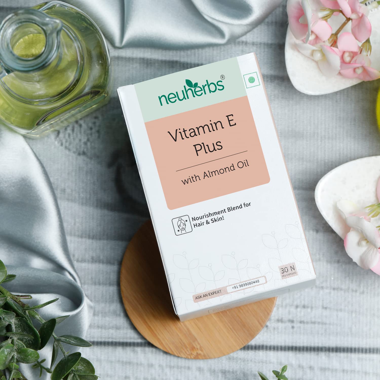 Neuherbs Plant Based Natural Vitamin E Plus From Sunflower Oil, Almond Oil For Better Face, Skin & Hair Certified Vegan | 30 Veg Capsules 50gm 0.1lbs