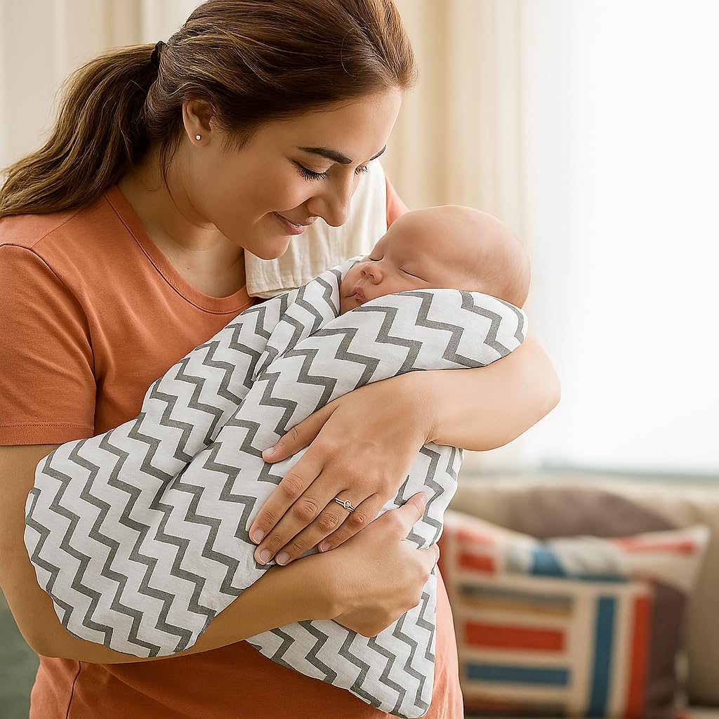 Organic Cotton Muslin Baby Bath Towel 200 Gsm | Cotton Cloth Premium Baby Washable Reusable, Absorbent, Extra Soft (Blue Dot & Grey Zig Zag)- Pack Of 2