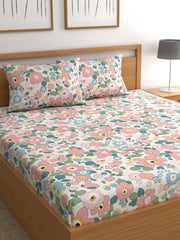 Elastic Fitted Printed Queen Size Double Bed Bedsheet With 2 Pillow Covers | 60 X 78 X 10 Inches, Multicolor | Super Soft Premium Brushed Glace Cotton Material