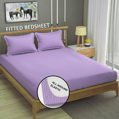 Cotton Elastic Fitted King Size Double Bed Bedsheet With 2 Pillow Covers - 72x78x6 Inches, Purple | Durable Bedsheets For Everyday Comfort