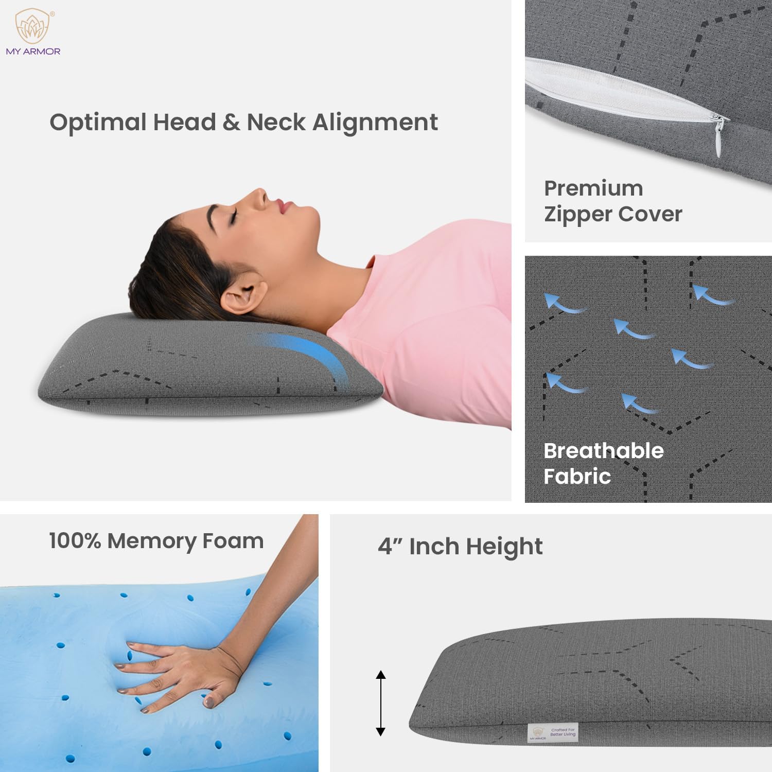 Cooling Gel Memory Foam Pillow For Neck & Shoulder Pain, Thin Size - 4 Inch | Orthopedic Pillow For Sleeping, Washable Grey Pillow Cover | Lightweight, Adjustable - Pack Of 2