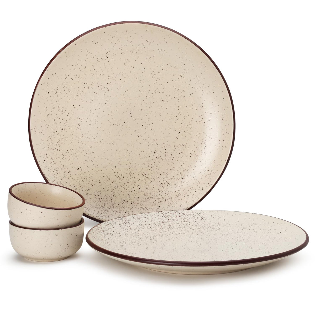 Handcrafted Ceramic Dinner Set - Pack Of 4, Beige Speckle | 2 Dinner Plates + 2 Dinner Katori, 170ml Each - Scratch Resistant, Microwave & Dishwasher Safe