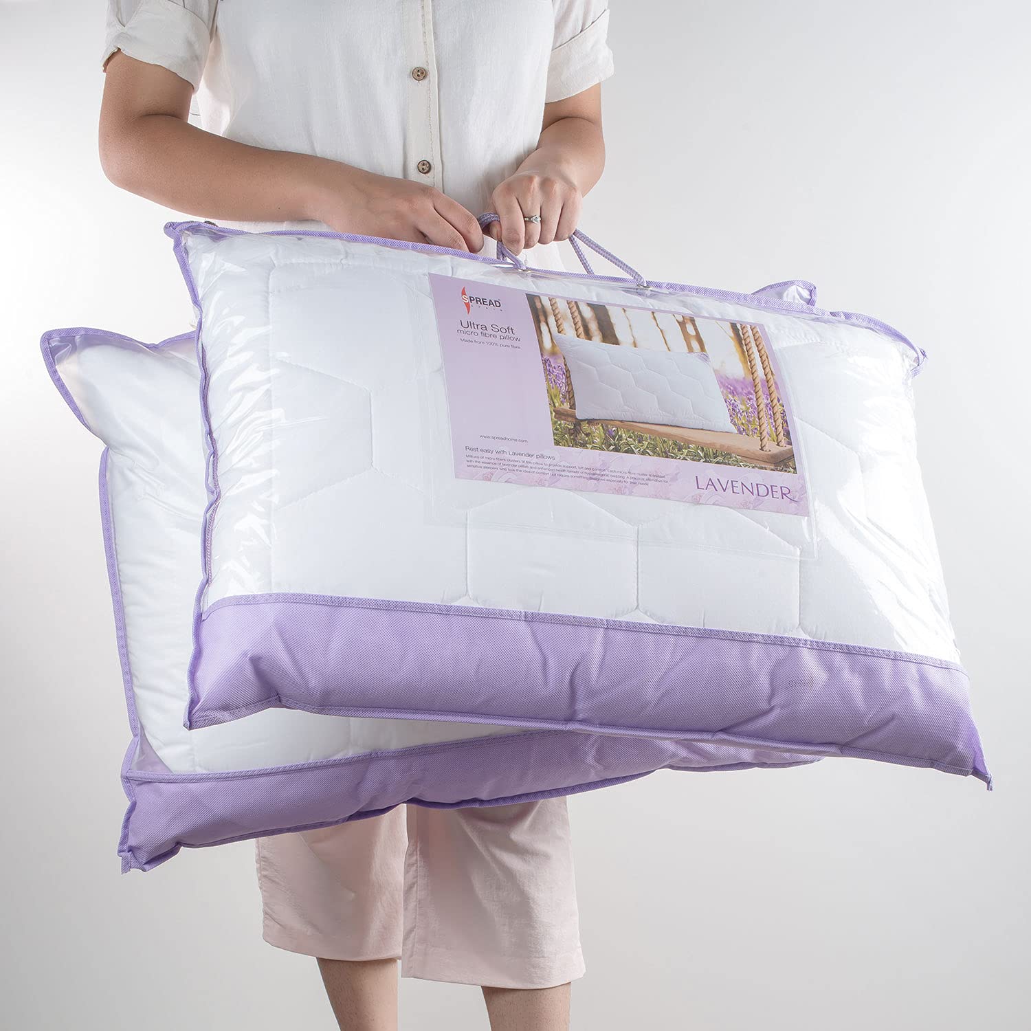Lavender Suede Fabric Pillow With Microfiber Filling Pillow, White, Size - 45 X 68 Cm | Perfect For Side Sleepers, Back & Stomach Sleepers | Hypoallergenic, Bed Pillow - Pack Of 2