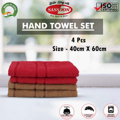 Sassoon Melrose 100% Cotton Hand Towel 800 Gsm | Highly Absorbent, Soft Material Perfect For Daily Use (Red & Brown) -4 Piece