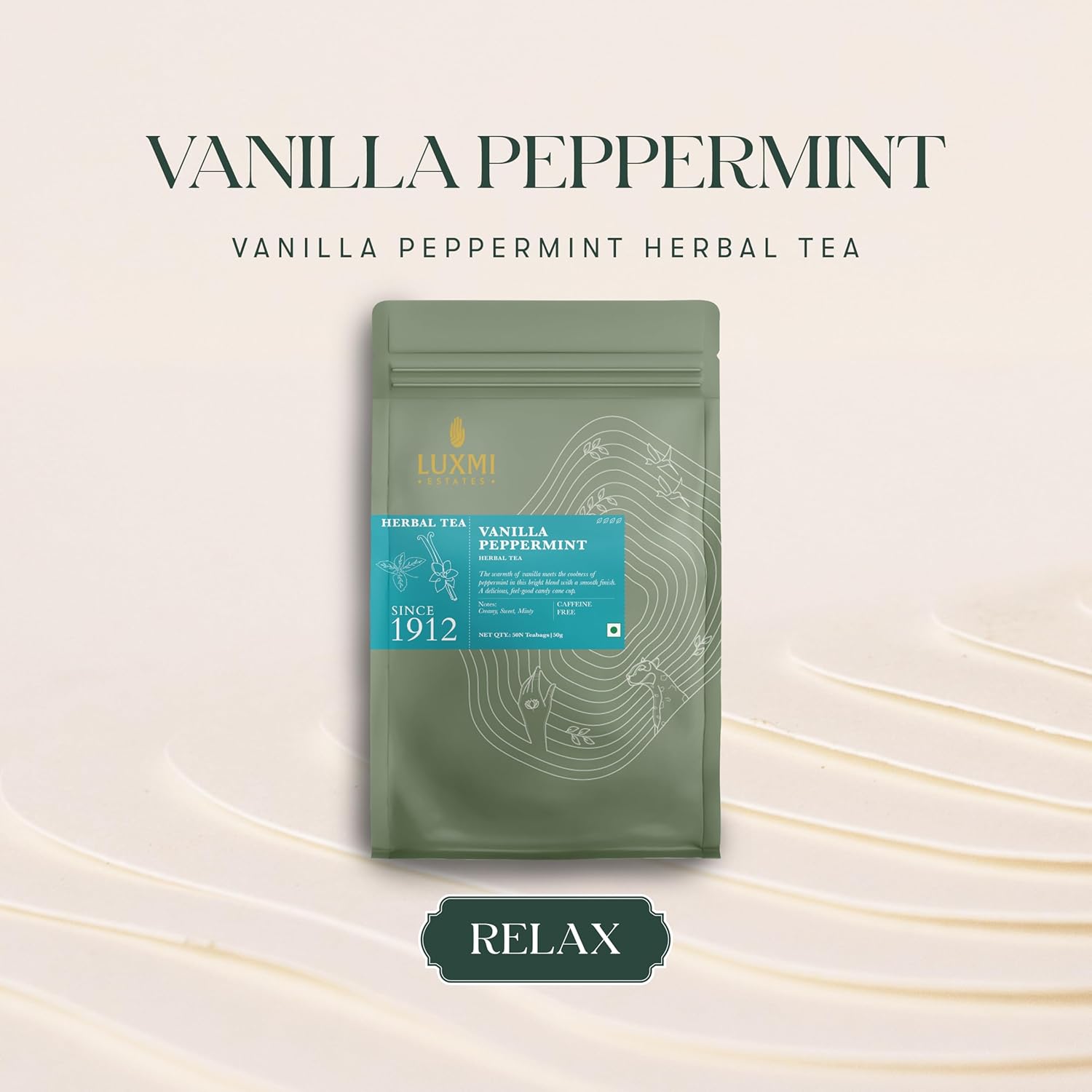 Luxmi Estates Vanilla Peppermint Herbal Tea - 50gm, 1.7 Ounce, 50 Tea Bags | USDA Certified Organic Herbal Tea - Gluten Free, Caffeine Free Tea Bags
