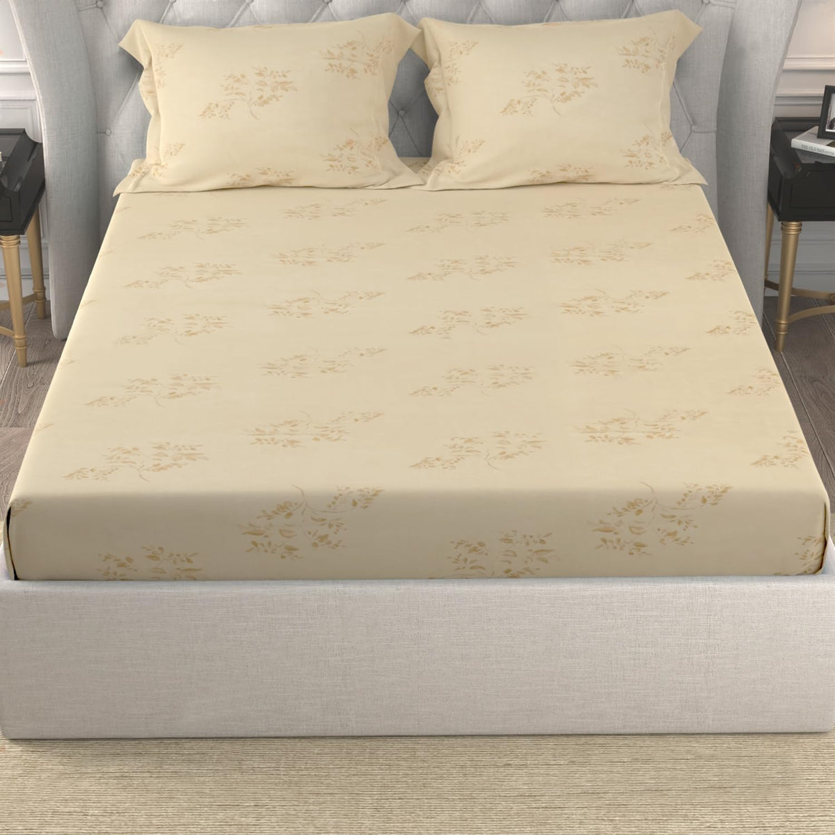 Cotton Bedsheet King Size Bed With 2 Pillow Covers - 100 X 108 Inches, Beige | 150 Thread Count Floral Bedsheet For Double Bed - Breathable & Lightweight