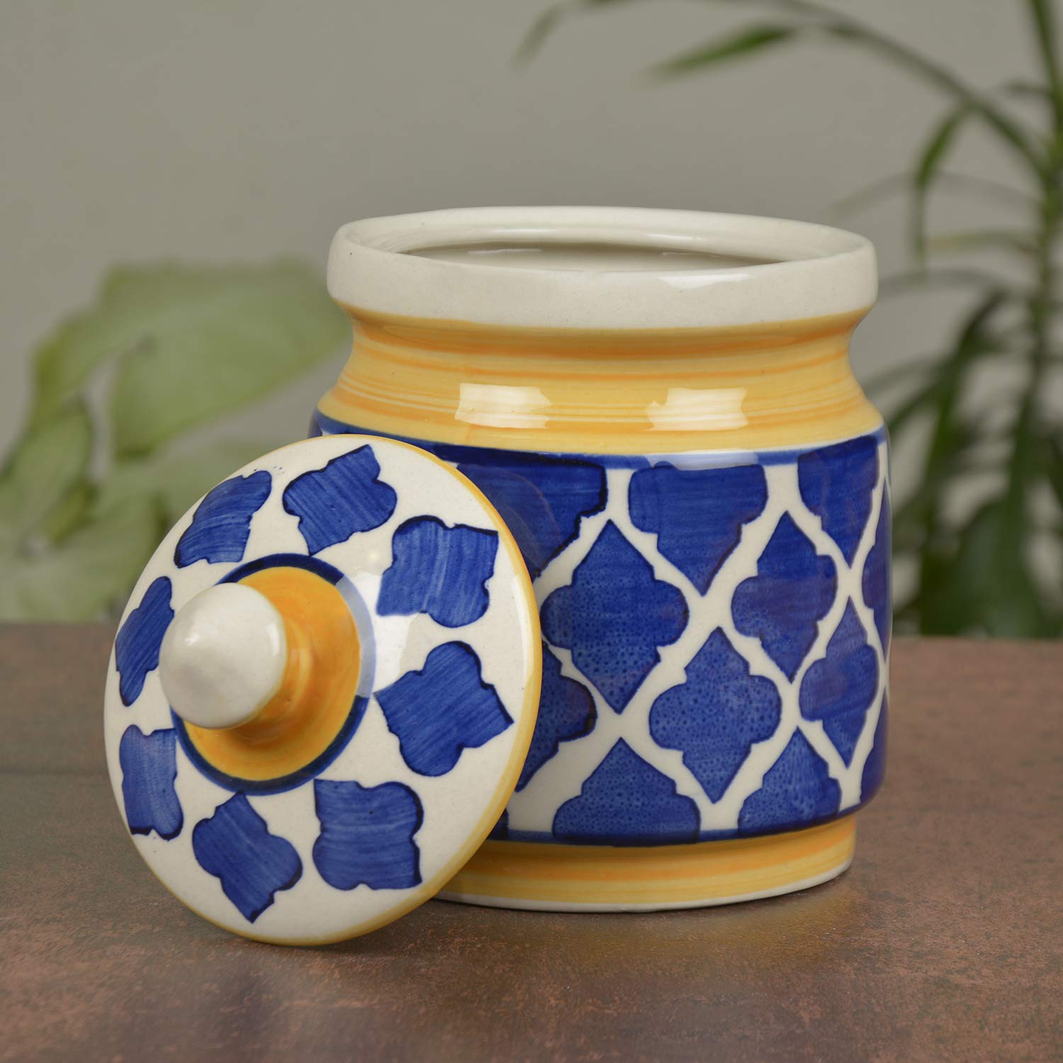 Hand Painted Ceramic Jar (Burni) With Lid 1000ml - Blue & Yellow | Ceramic Multi-Utility Storage Jar - Pickle Storage Jar