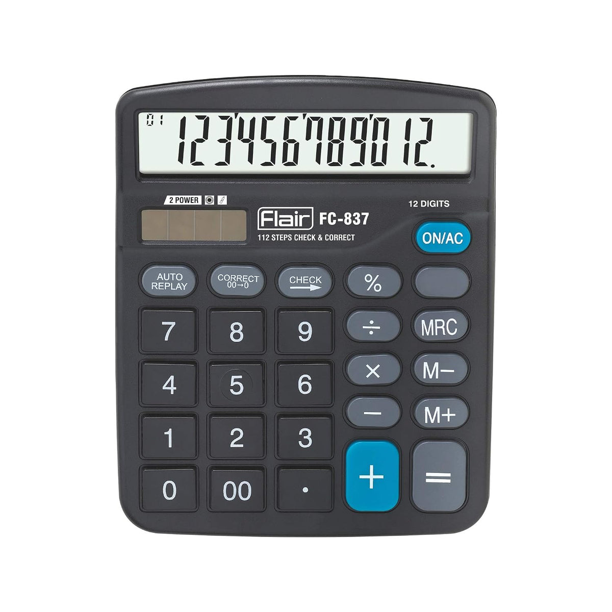 Flair Fc-837 Desktop Series Calculator | 12 Digits Display Calculator | Dual Power With Solar | Auto Replay With Big Display | Square Root Function | Ideal For School, College & Office | Black