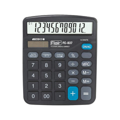 Flair Fc-837 Desktop Series Calculator | 12 Digits Display Calculator | Dual Power With Solar | Auto Replay With Big Display | Square Root Function | Ideal For School, College & Office | Black