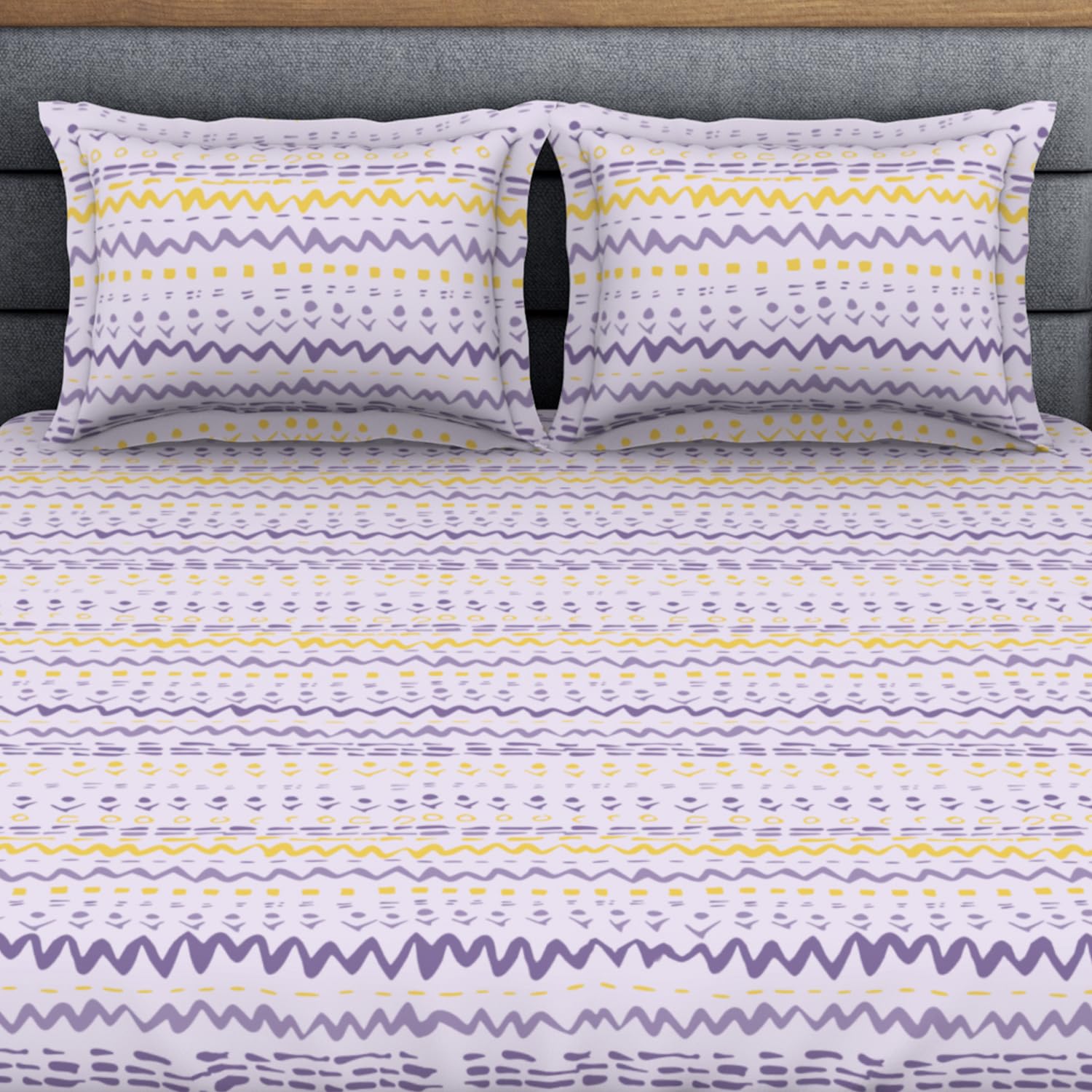 King Size 1 Double Bedsheet With 2 Pillow Covers - Size 108 X 108 Inches, Light Violet & Yellow | Soft Feel Wrinkle Resistance | Durability & Comfort, Breathable