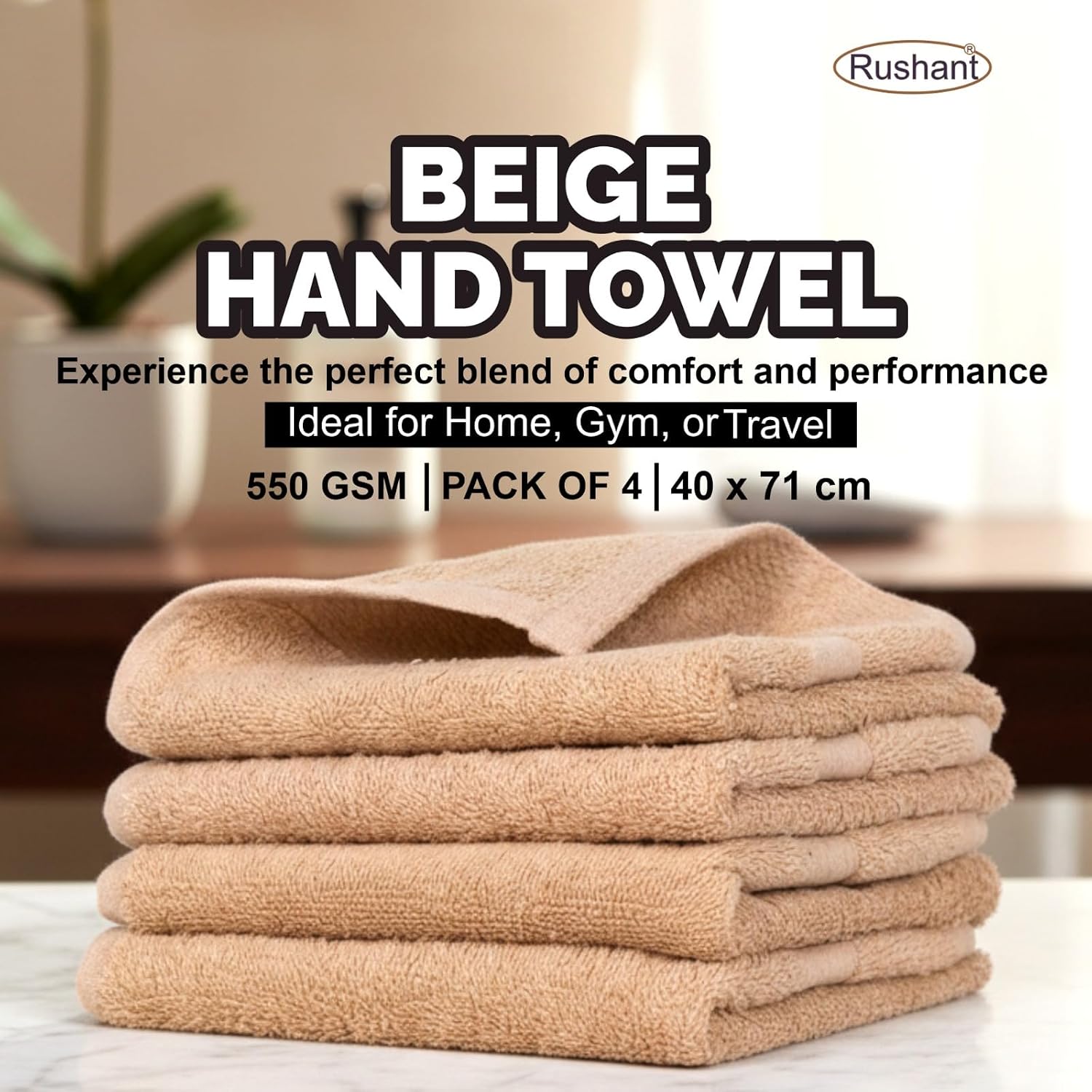 Rushant 100% Combed Cotton Hand Towels 600 Gsm | Ultra Soft, Quick Dry & Super Absorbent For Home, Gym & Travel (Beige) - Set Of 4