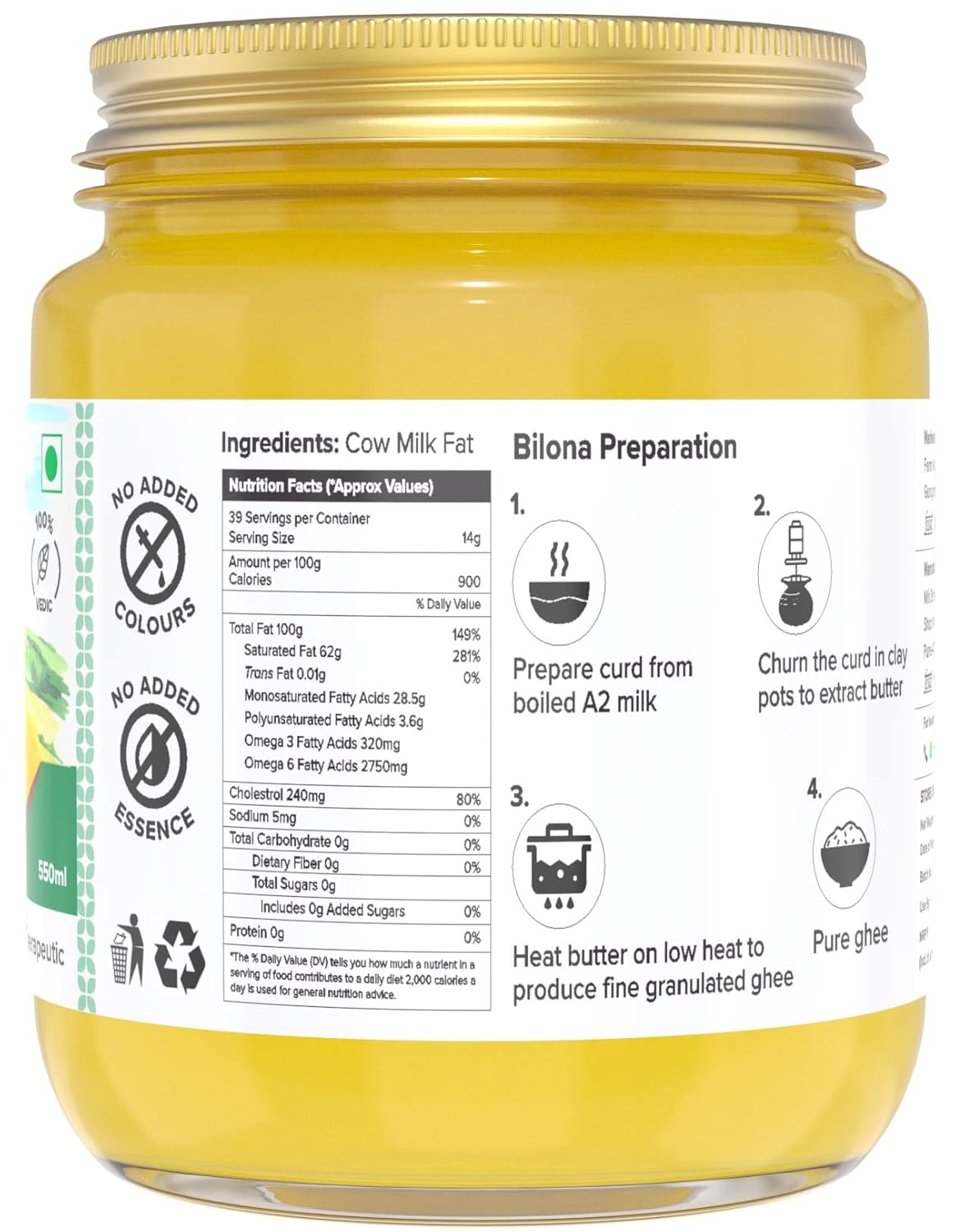 Organic Natural A2 Vedic Sahiwal Ghee By Farm Naturelle | Natural & Healthy Desi Cow Ghee Perfect For Overall Health | (500ml) 16.9 Ounce With Wooden Spoon (50ml) 1.6 Ounce | Jar Pack