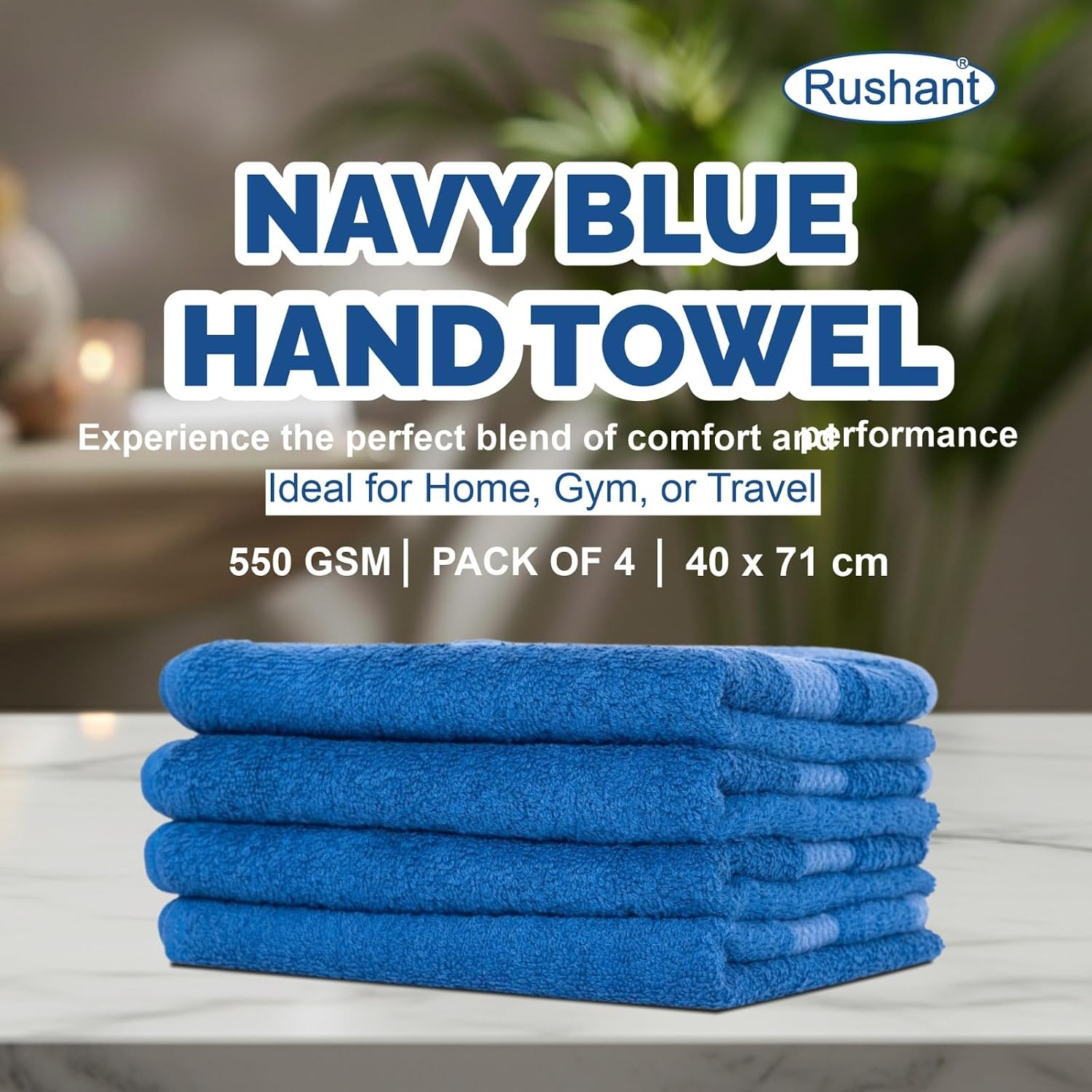 Rushant 100% Combed Cotton Hand Towels 600 Gsm | Ultra Soft, Quick Dry & Super Absorbent For Home, Gym & Travel (Navy Blue) - Set Of 4