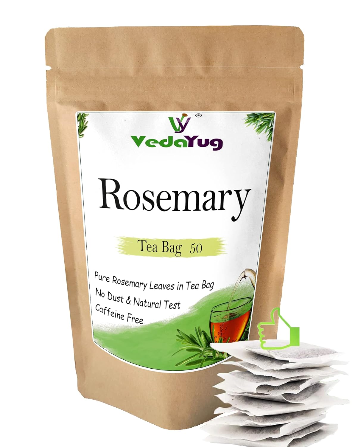 VedaYug Rosemary Herbal Tea - 50 Tea Bags, 75gm, 2.6 Ounce | Rich Flavor & Fragrance, Sleep & Stress Relief Tea - Caffeine Free, No Additives | Use For Ice & Hot Tea