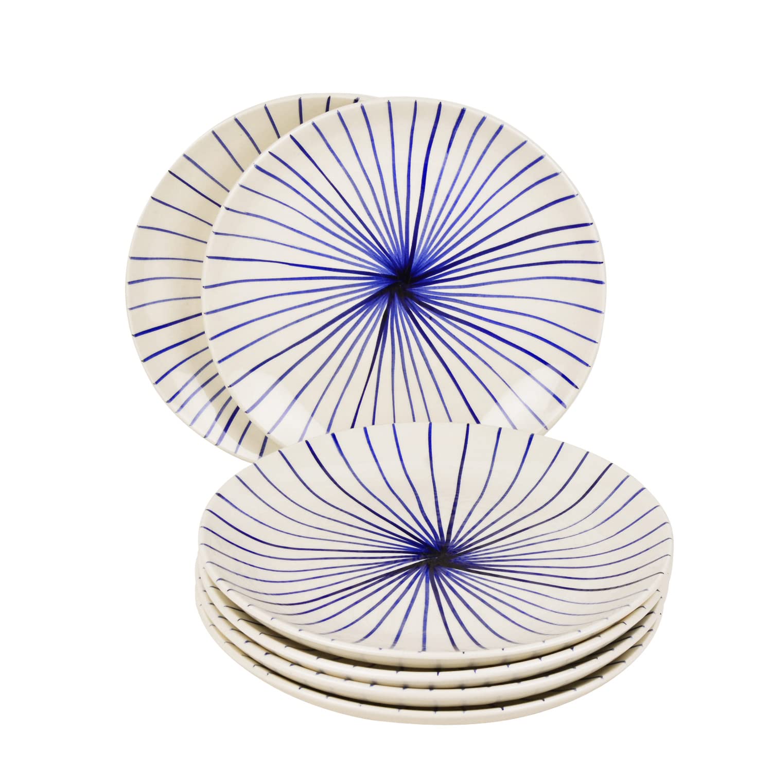 Ceramic Striped Dinner Serving Plates Set Of 6 - White & Blue, Diameter: 10 Inches | Ceramic Full Plates - Blue Kasa Line