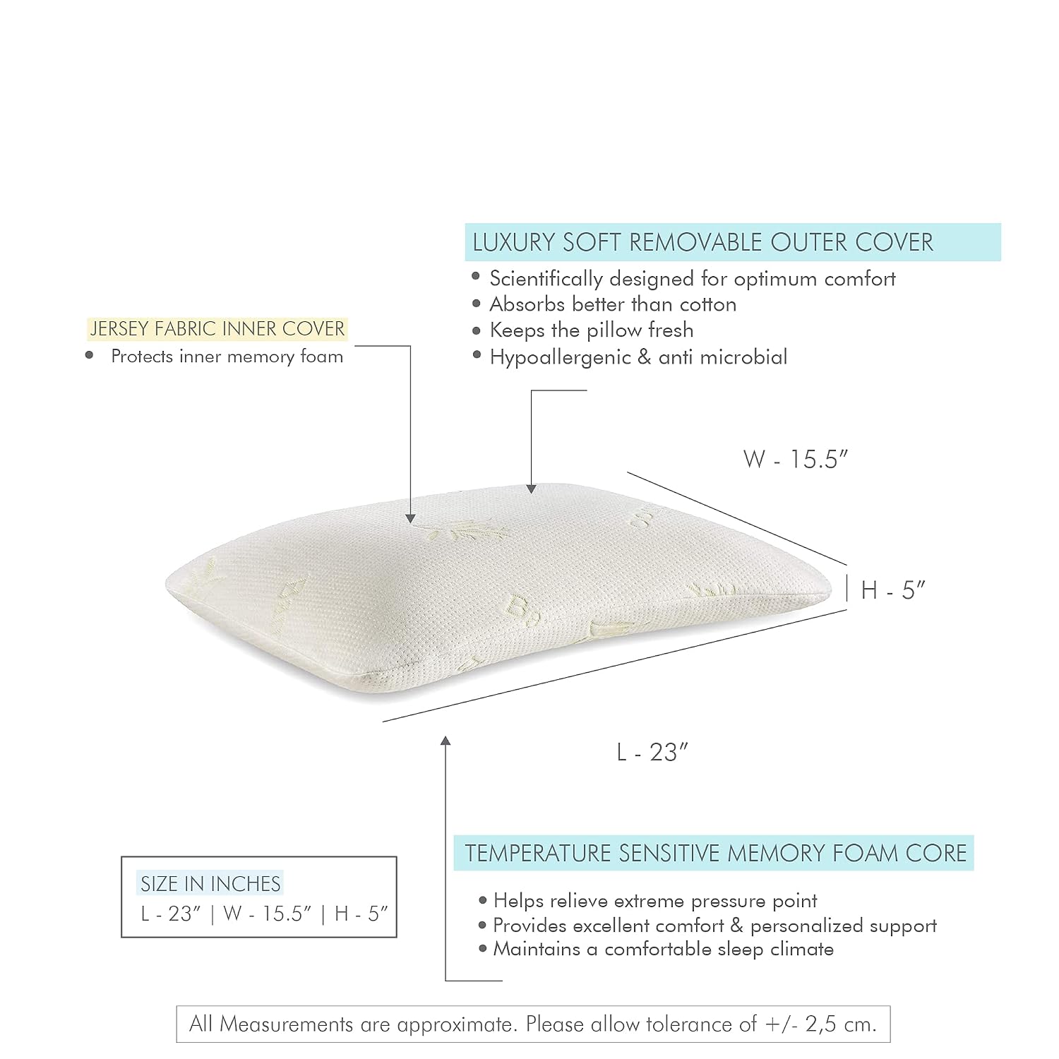 Orthopedic Memory Foam Pillow For Sleeping, Special Dual Sided Pillow, Cream, King Size - 23 L X 15.5 W X 5 H Inch | Pillow For Back & Neck Pain Relief With Bamboo Removable Cover