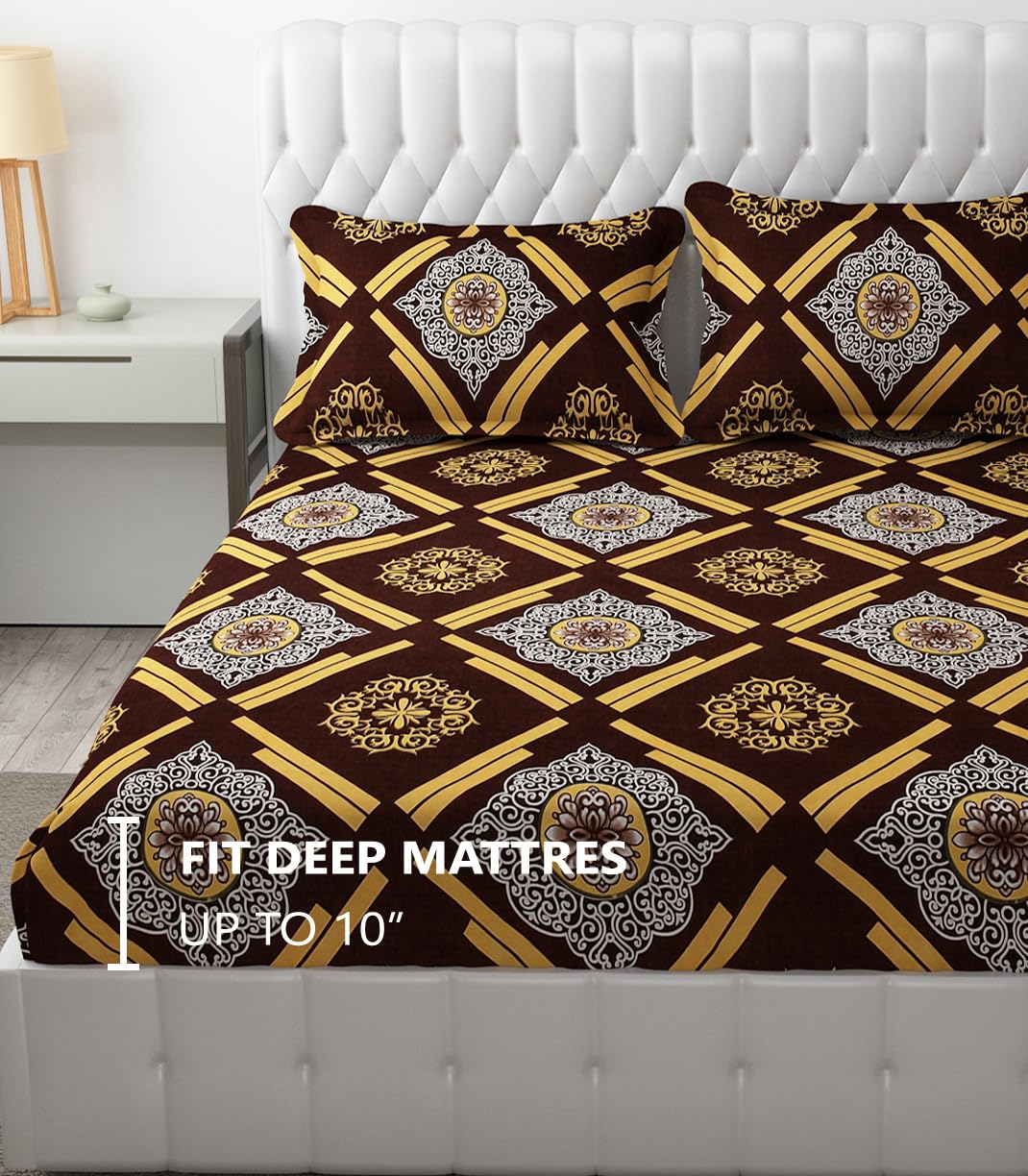 King Size Bedsheet With Two Pillow Cover (Size - 78 X 72 Inches, Dark Brown) | Elastic Fitted Floral Bedsheet | Best For Festival Gifting