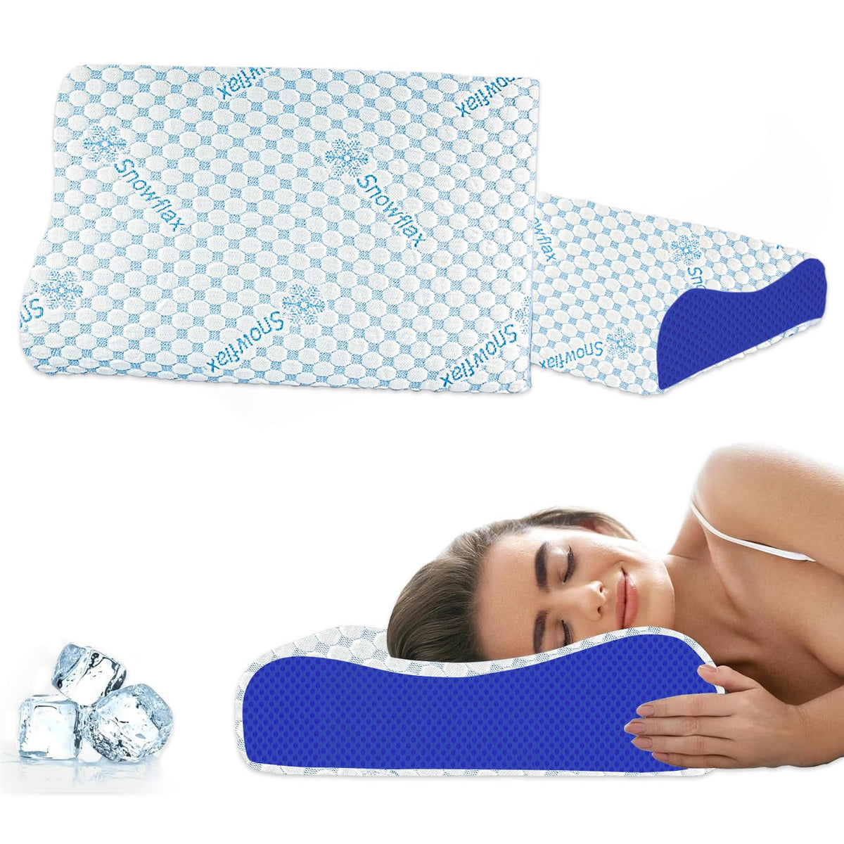 Cooling Cervical Memory Foam Pillow For Neck & Shoulder Pain Relief, White & Blue | Orthopedic Contour Pillow For Sleeping & Spinal Alignment | Ergonomic Support, Removable Cover - Set Of 2