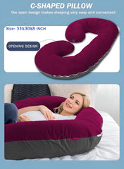 C Shaped Pillow, Pregnancy Pillow For Maternity & Baby Nursing - Wine & Grey | Pregnant Women Stomach, Spine, Neck Support, Velvet Outer Cover With Zip, Full Body Pillow, Adjustable Pillow