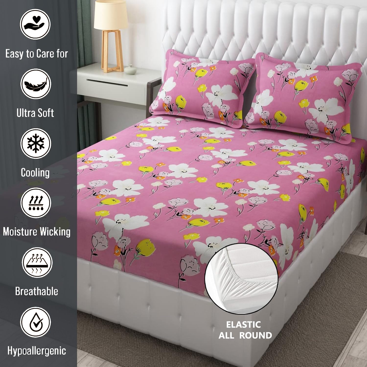 King Size Bedsheet With Two Pillow Cover (Size - 78 X 72 Inches, Pink & White) | Elastic Fitted Floral Bedsheet | Best For Festival Gifting