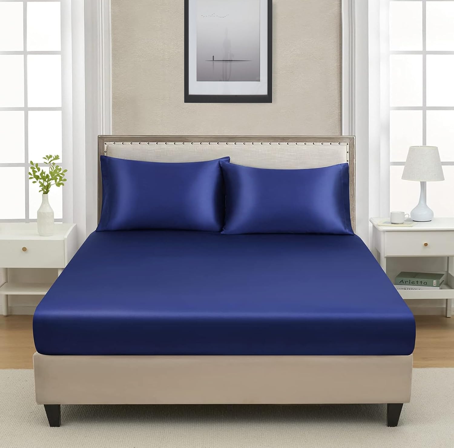 Satin Fitted Solid Bedsheet King Size With 2 Pillow Cover - 72 X 78 X 10 Inches, Blue | Lightweight & Breathable, Perfect For All Seasons