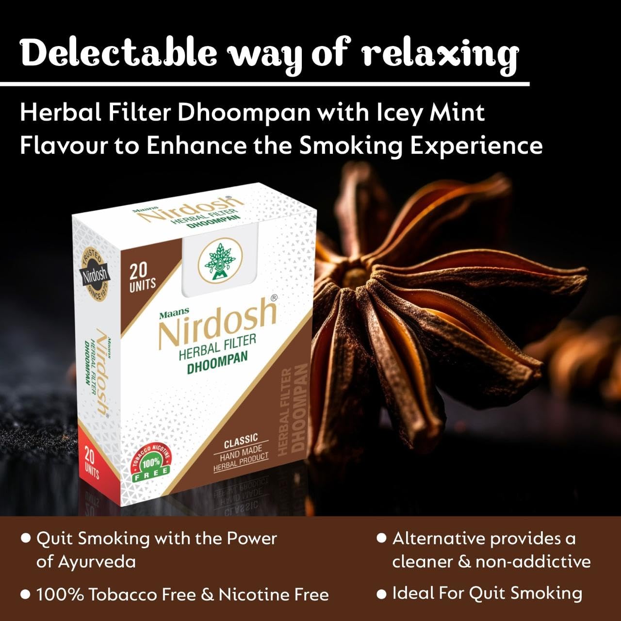 Classic Flavored Herbal Filter Dhoompan Sticks - Pack Of 2X 20 Pcs Herbal Cigarette | Bidi Sticks Rolled In Tendu Leaves, Non-Addictive Sticks - Tobacco Free & Nicotine Free