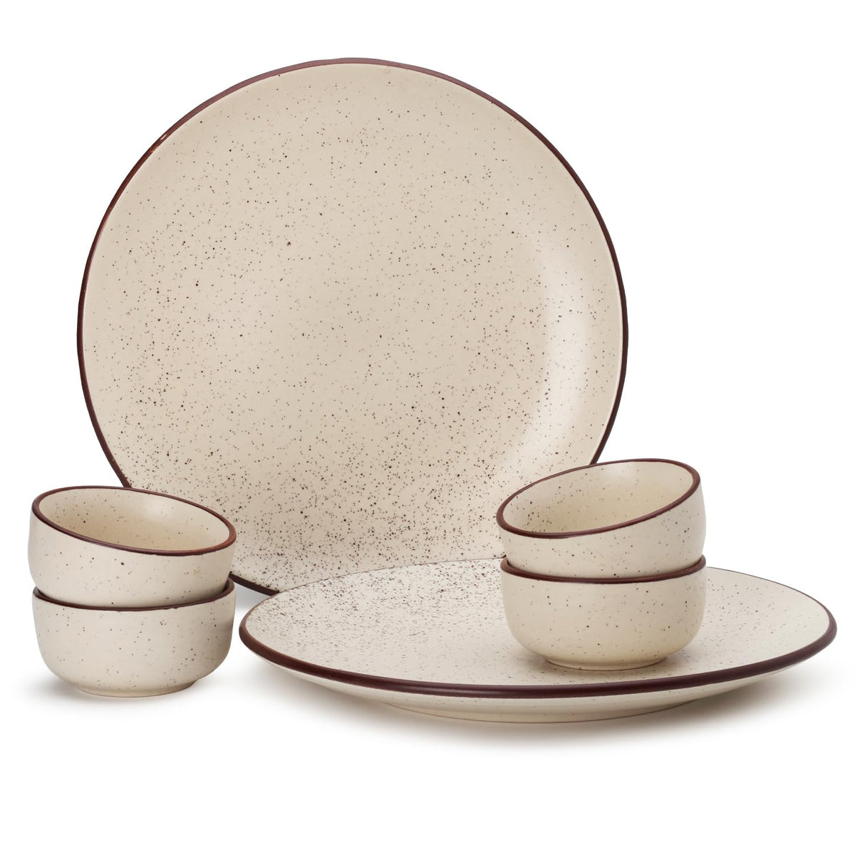 Hand Painted Ceramic Stoneware Dinner Set - Pack Of 6 Pcs, Beige Speckle | 2 Dinner Plates, 10.6 Inch Each + 4 Dinner Katori, 170ml Each - Microwave & Dishwasher Safe