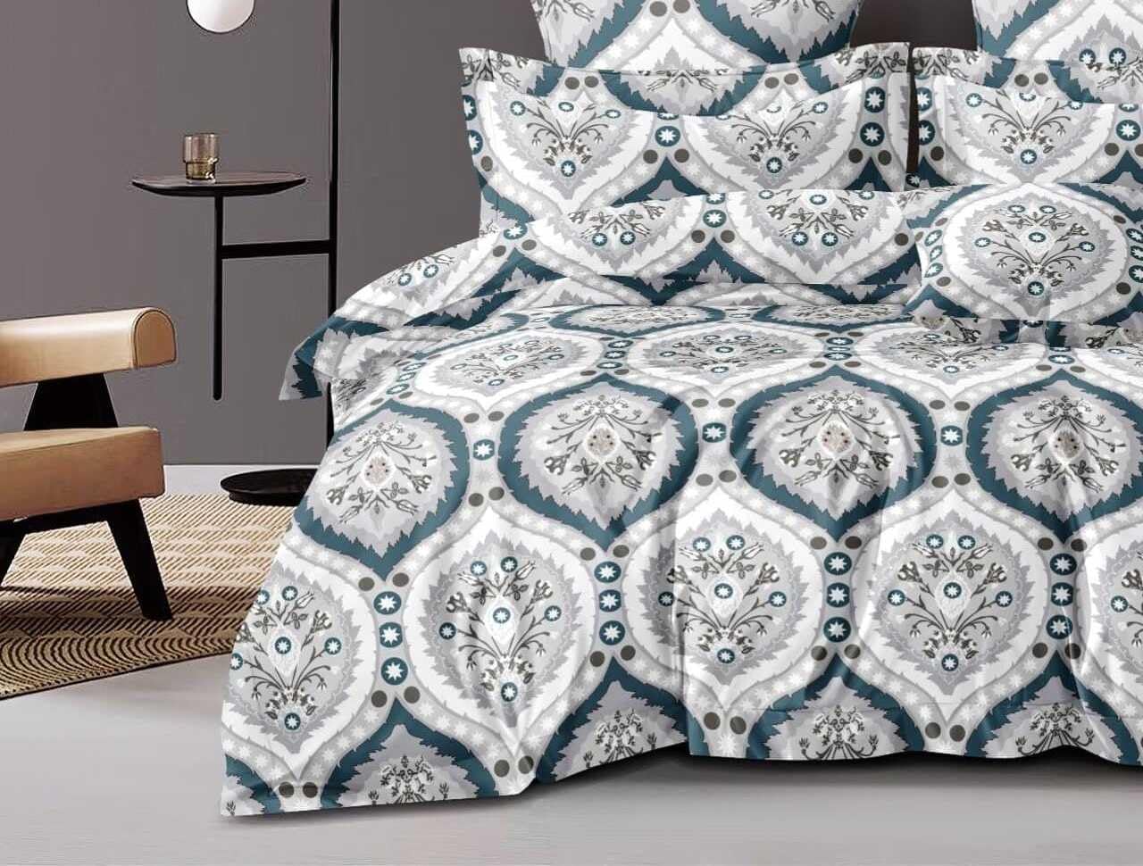 Printed Double Bedsheet For Super King Size With 2 Matching Pillow Covers - 108 X 108 Inches, Grey & White | 300 Thread Count Skin Friendly & Luxuriously Smooth To Touch Bedsheet