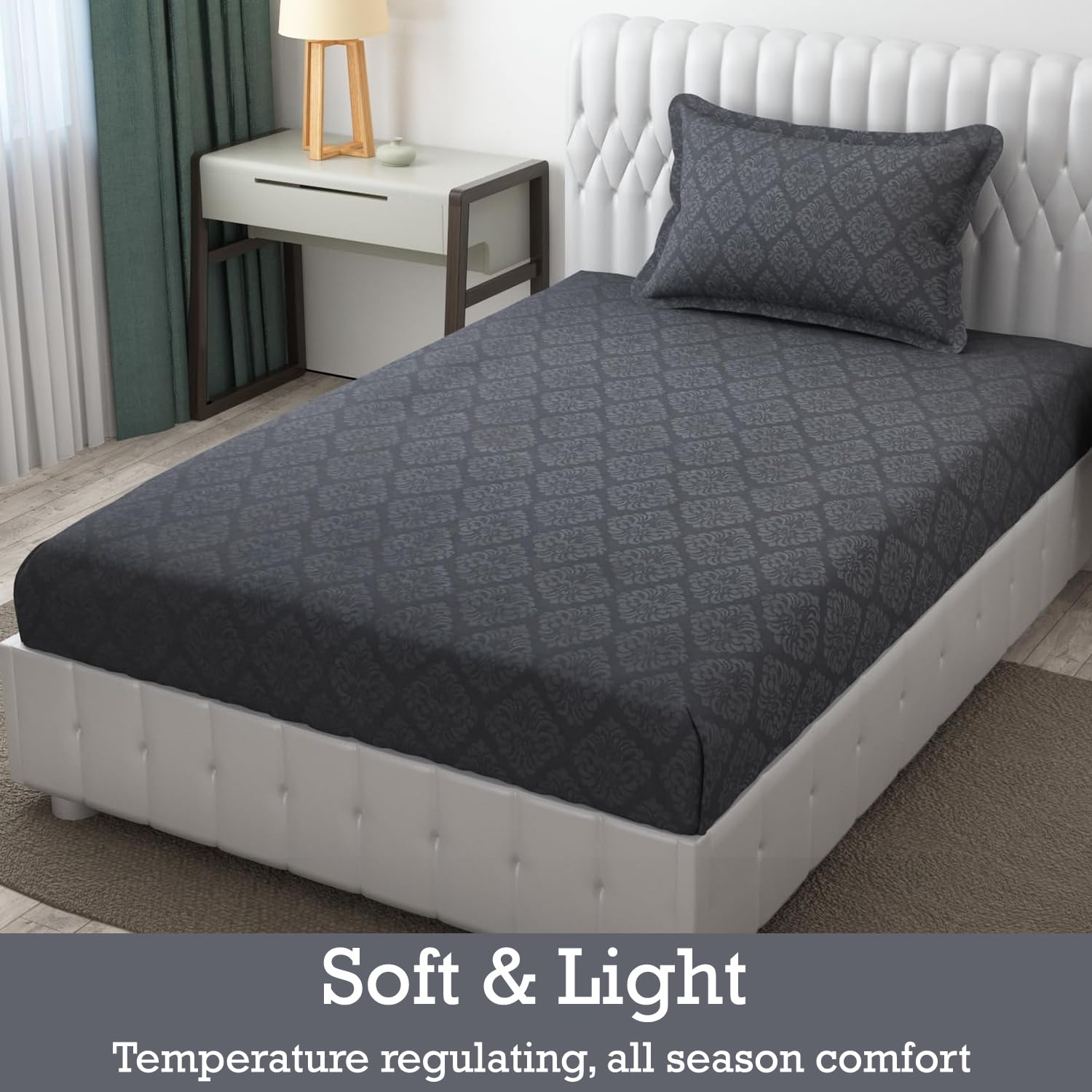 Soft Microfiber Single Bedsheet With 1 Pillow Covers - 60 X 90 Inches, Grey, Damas Design | Wrinkle Free Design & Easy To Wash | Refreshing Your Bedroom Look