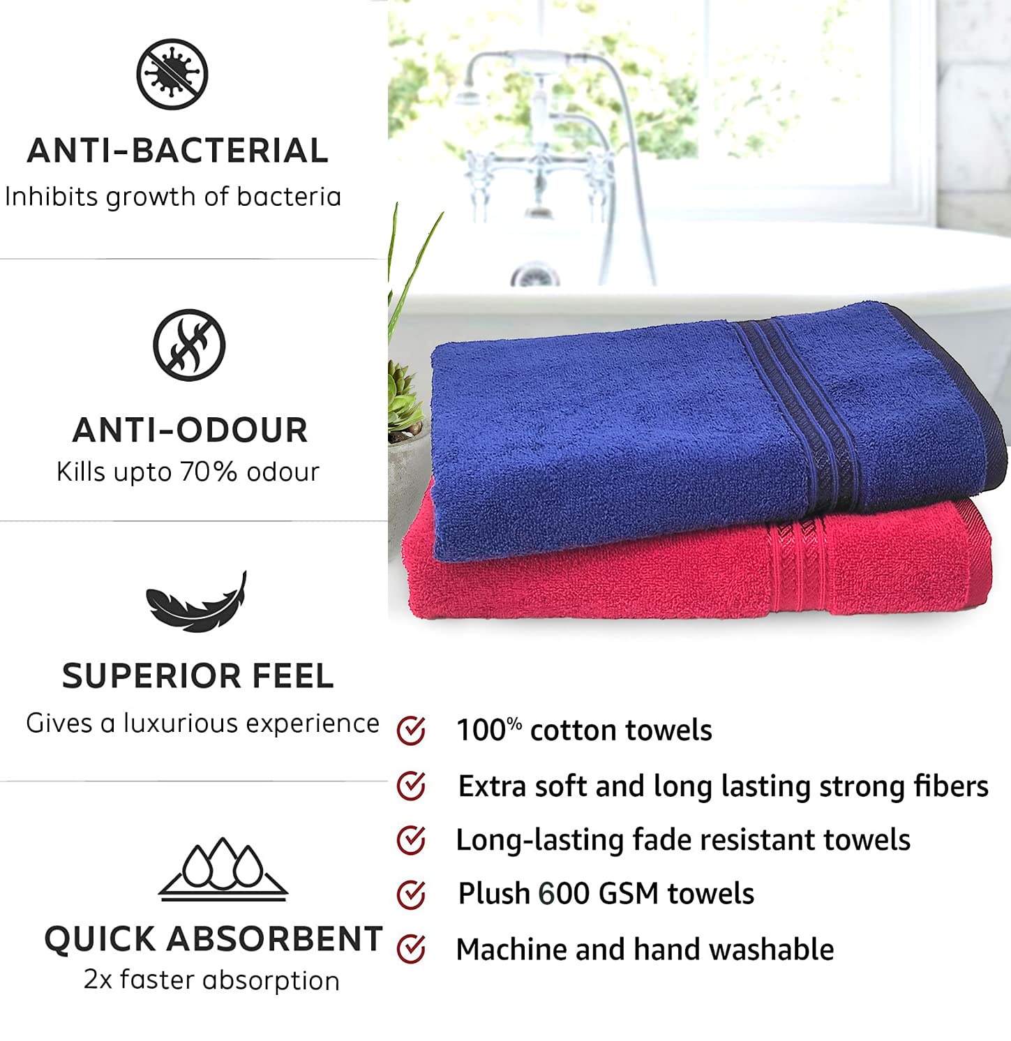 Lukzer Soft 100% Cotton Light Weight Super Absorbant Bath Towel 1200 Gsm (Dark Blue & Red) - 2 Pcs