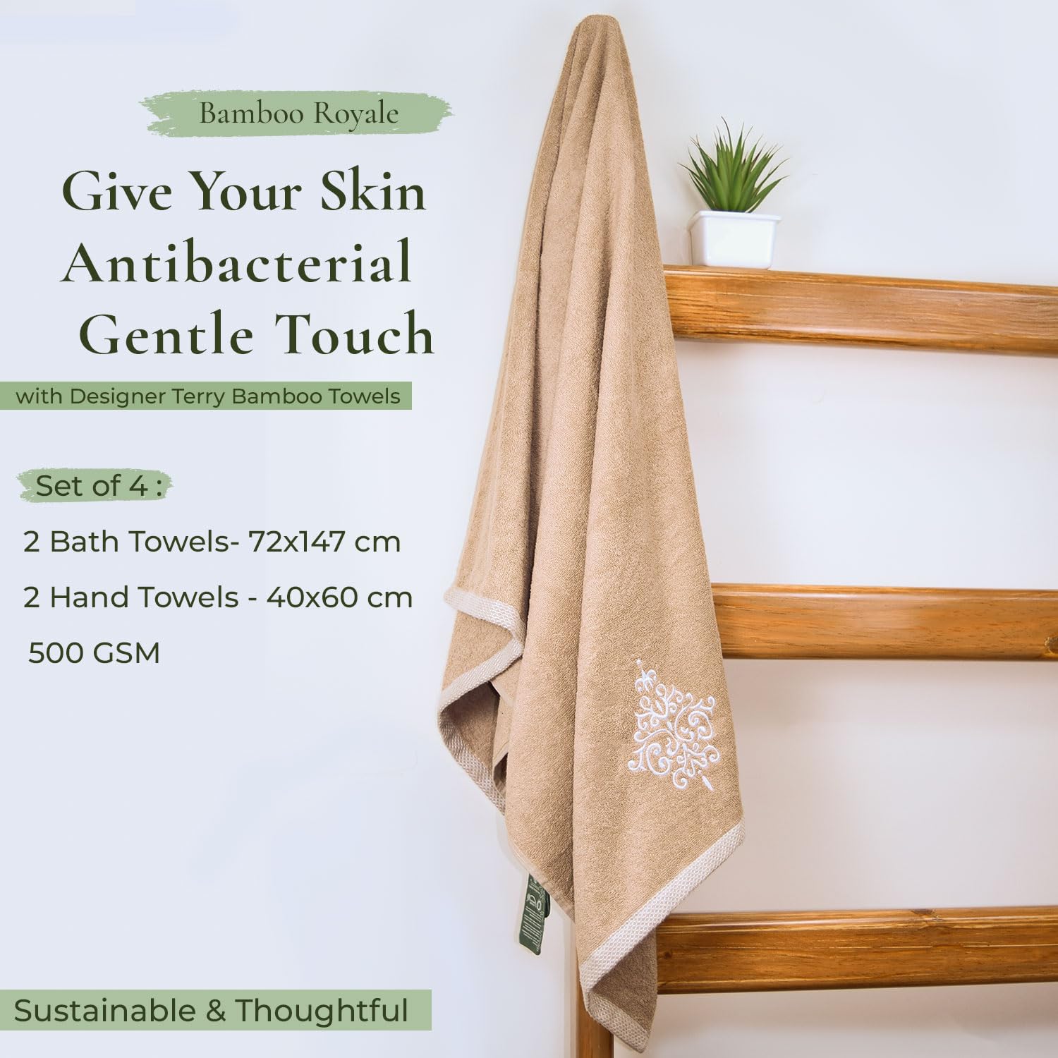 Rangoli 100% Bamboo 2 Bath & 2 Hand Towels 850 Gsm | Large Size Ultra Soft, Quick-Absorbent & Eco-Friendly Towels - Beige